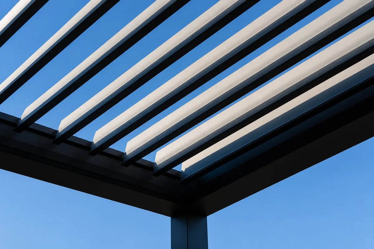 Toiture à lames orientables en aluminium vue en contre-plongée, lames entrouvertes laissant filtrer la lumière