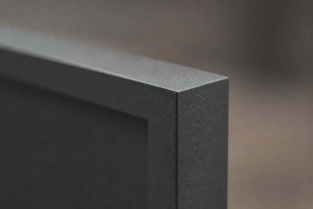 Profilé aluminium laqué gris anthracite en gros plan, texture mate et arête vive sous lumière rasante