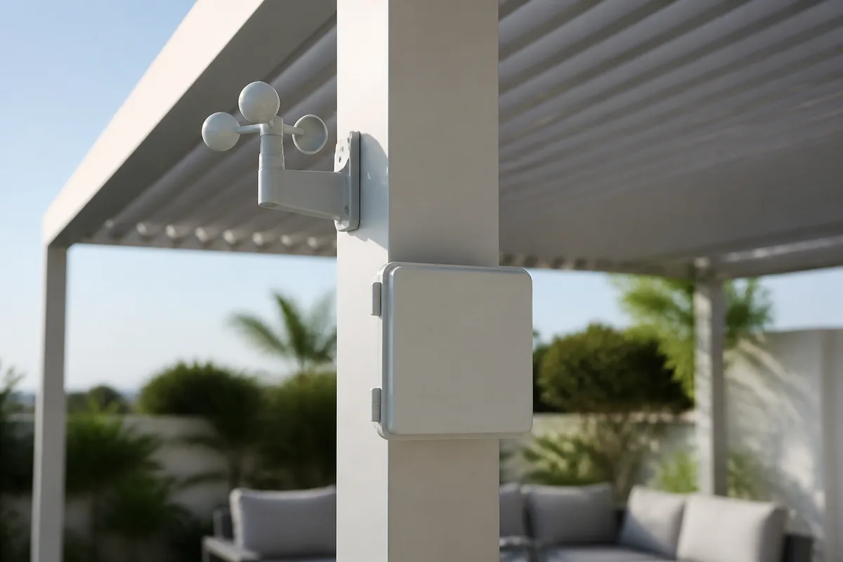 Télécommande murale et capteur météo installés sur un poteau de pergola en aluminium