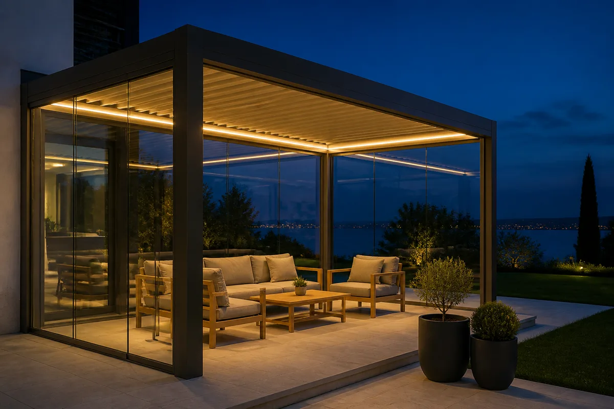 Pergola bioclimatique fermée par des parois vitrées coulissantes, ambiance de fin de journée avec éclairage intégré