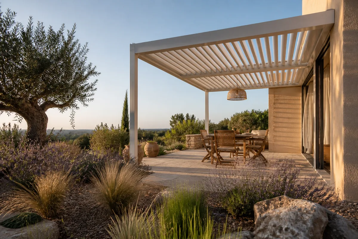 Terrasse méditerranéenne équipée d&rsquo;une pergola bioclimatique adossée, mobilier extérieur et jardin sec en fin d&rsquo;après-midi
