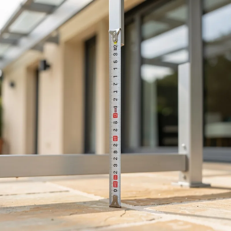 Pergola bioclimatique 4x3 adossée à une façade, mètre ruban déployé sous la traverse basse