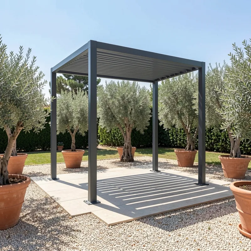 Pergola bioclimatique autoportée 4x3 en aluminium anthracite posée au milieu d&rsquo;une terrasse
