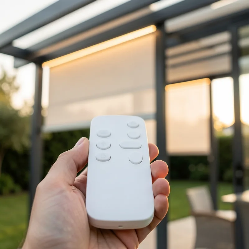 Télécommande d&rsquo;une pergola bioclimatique motorisée tenue devant un store latéral déployé
