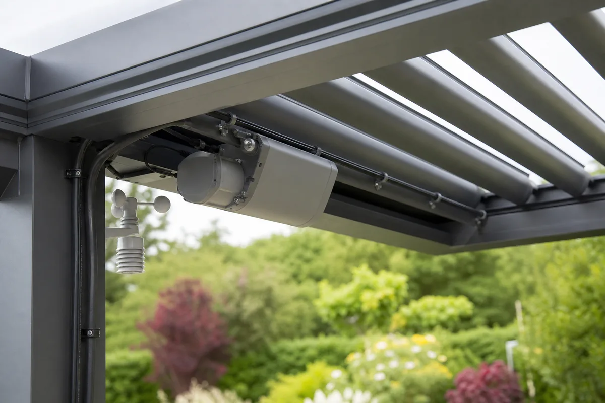 Détail d&rsquo;un moteur et de capteurs météo installés sous une lame de pergola bioclimatique