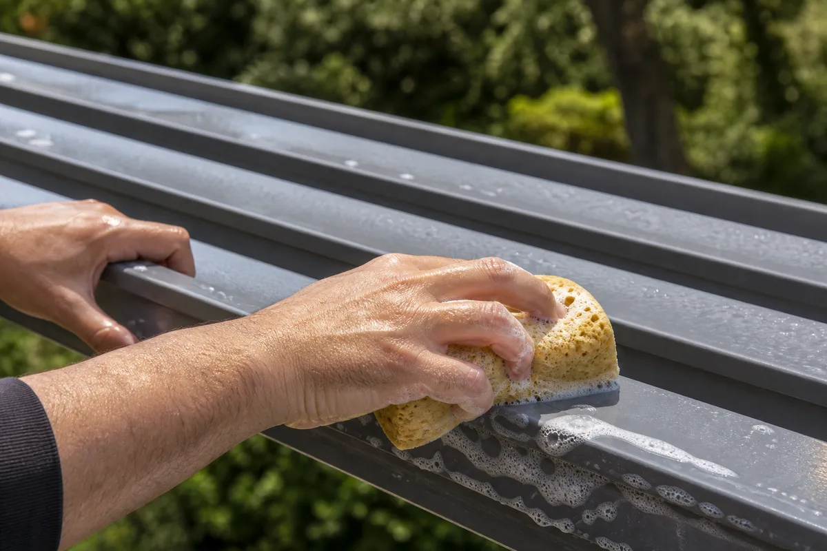 Propriétaire nettoyant les lames en aluminium d&rsquo;une pergola bioclimatique avec une éponge